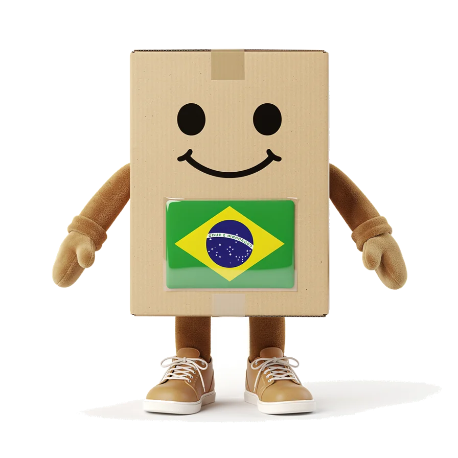 Mascota de Redirect Brasil: una caja de envío con la bandera de Brasil
